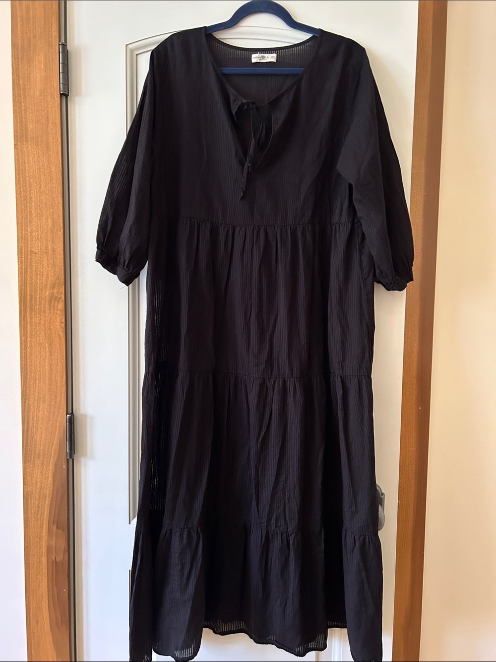 NATURAL LIFE Black Tiered Maxi Dress with Tie Neck Tone on Tone Stripes